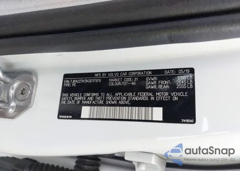 2019 Volvo S60 T6 Momentum z USA, uszkodzony, nr VIN 7JRA22TK5KG017976